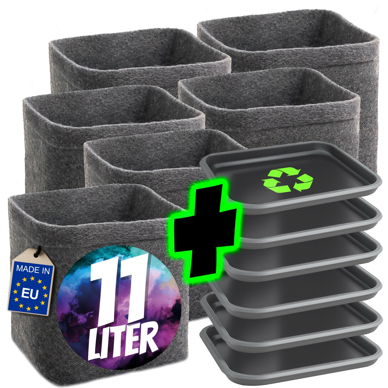 Filz-Pflanztöpfe mit Untersetzern im 6er Set (viereckig, je 11 L)