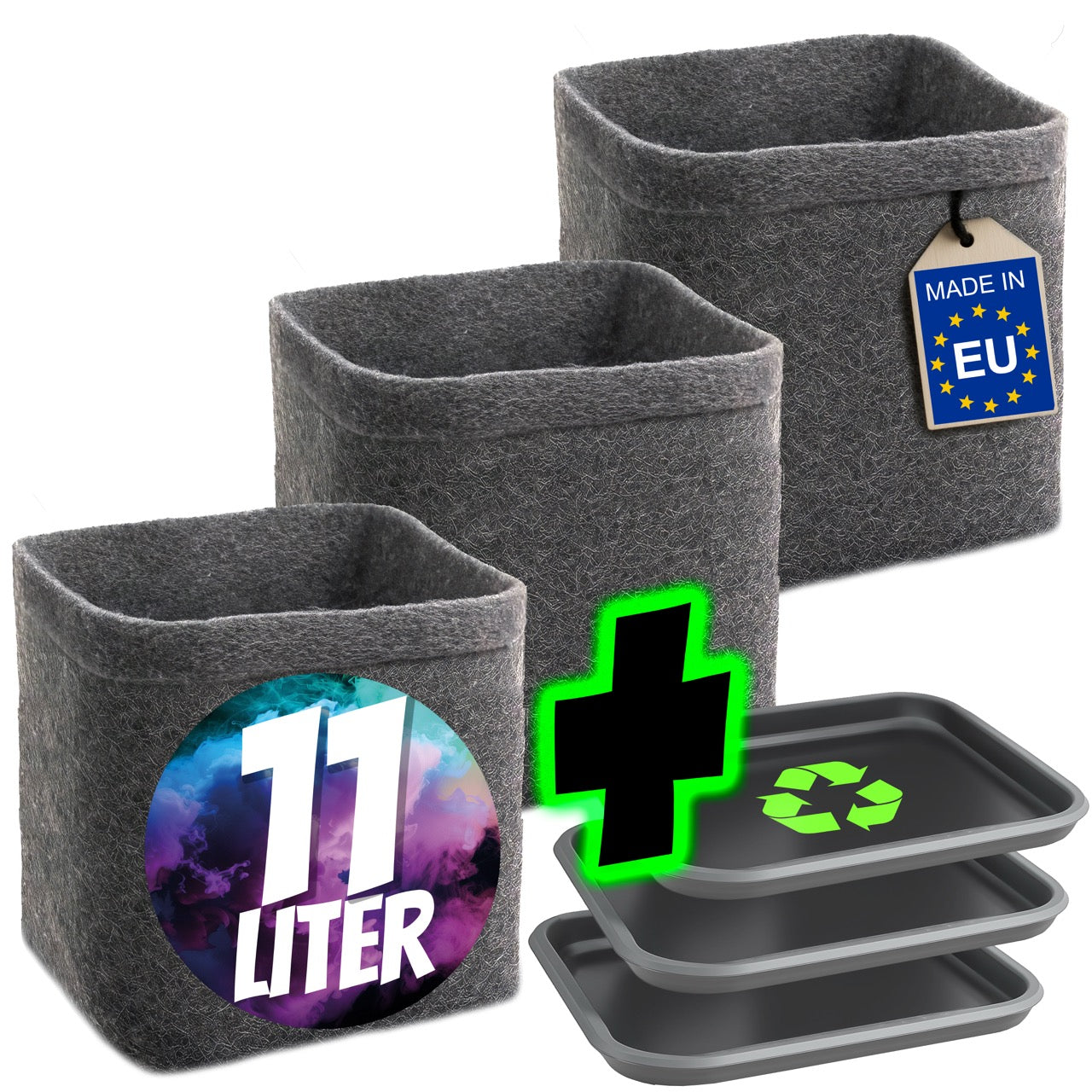 Filz-Pflanztöpfe mit Untersetzern im 3er Set (viereckig, je 11 L)