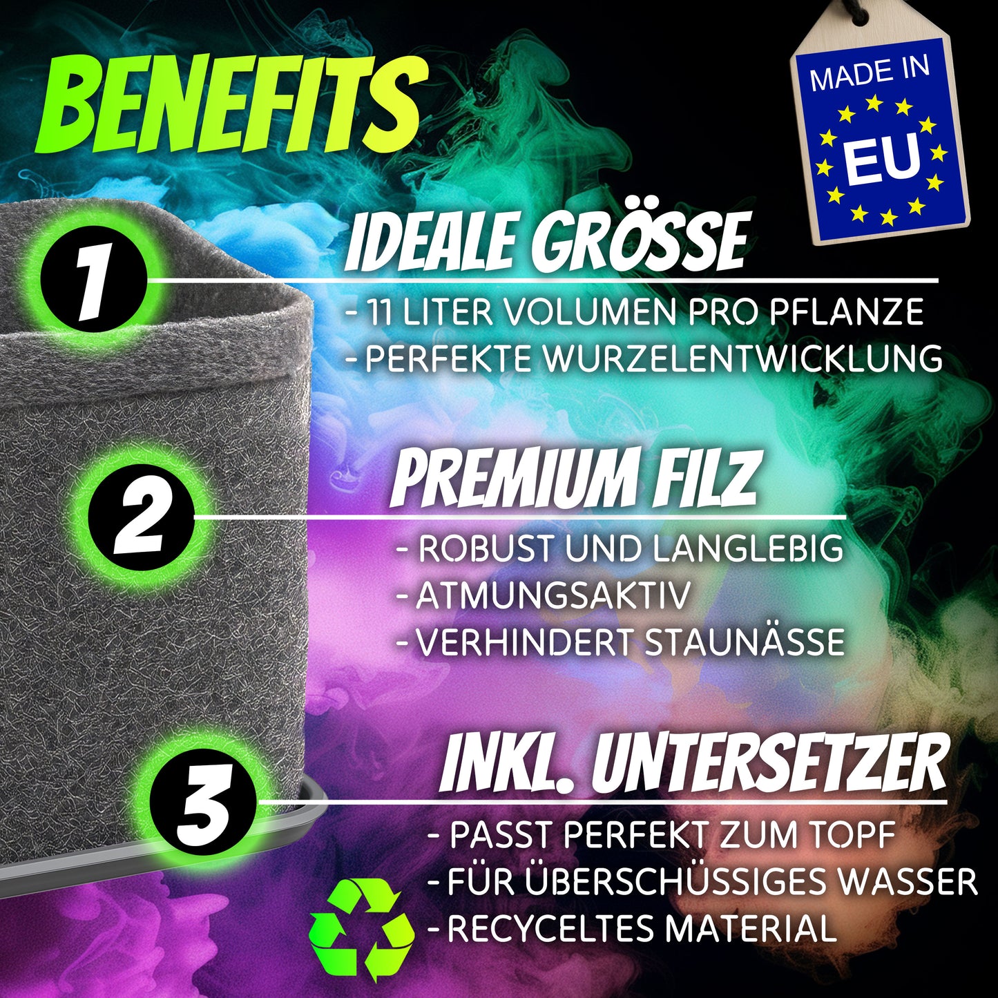 Filz-Pflanztöpfe mit Untersetzern im 6er Set (viereckig, je 11 L)