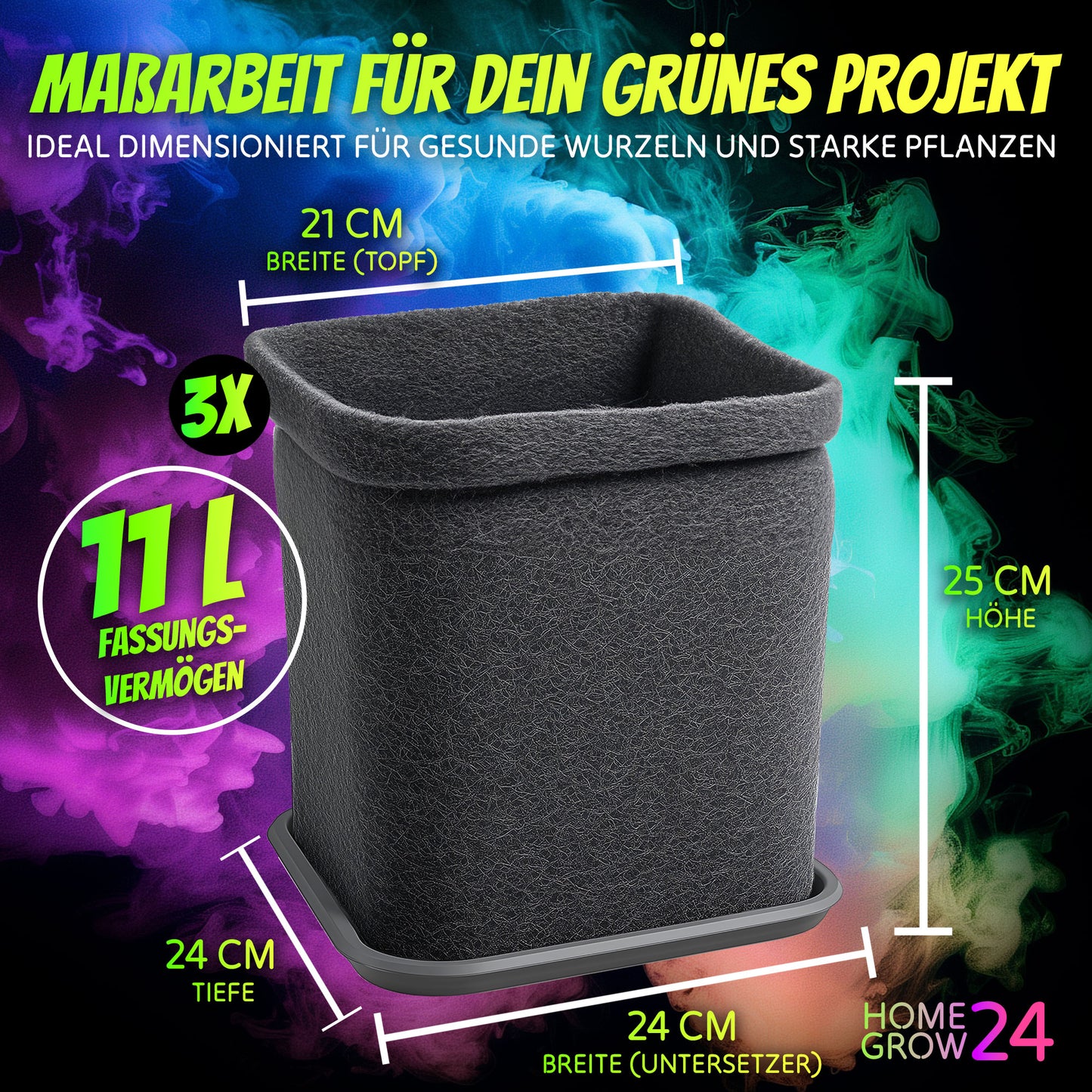 Filz-Pflanztöpfe mit Untersetzern im 3er Set (viereckig, je 11 L)